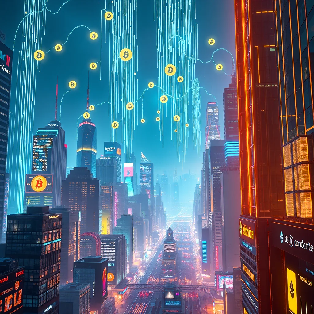 A futuristic cityscape at night, with towering skyscrapers bathed in neon and electric blue light. Bitcoin symbols float in the sky, connected by glowing lines that resemble a digital stock market graph, conveying a sense of technological advancement and cryptocurrency's pervasive influence.