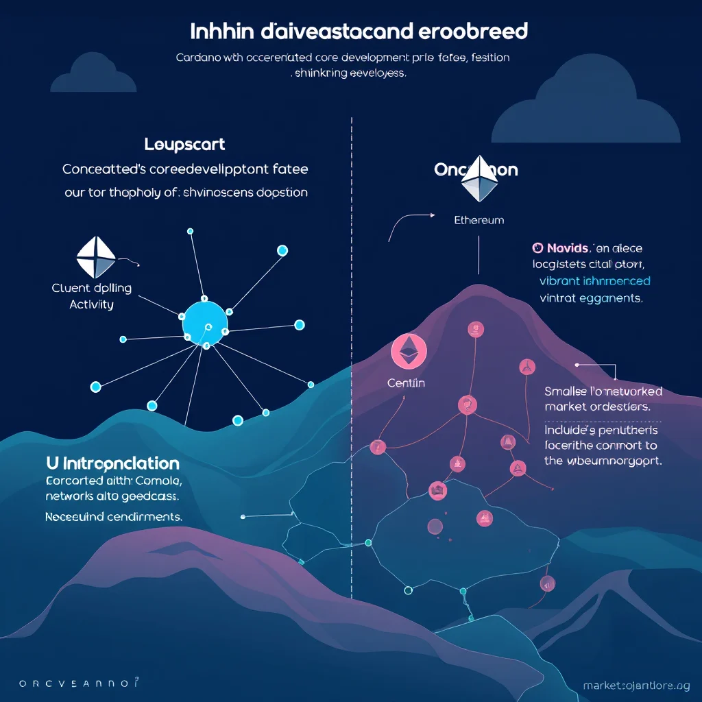 An infographic detailing two decentralized networks. The left side shows a blue network with a central hub and radiating lines connecting to smaller nodes, labeled "Loupšcart" and "Cluent dplling Activity". The right side depicts a pink network overlaid on a mountain graphic, with a central Ethereum logo above smaller nodes within the mountain, labeled "Onc mon", "Ethereum", "CentIin", "Novids.", and "Smalles lo nctworked market ordestiers.". The top of the infographic has a title and a subtitle.