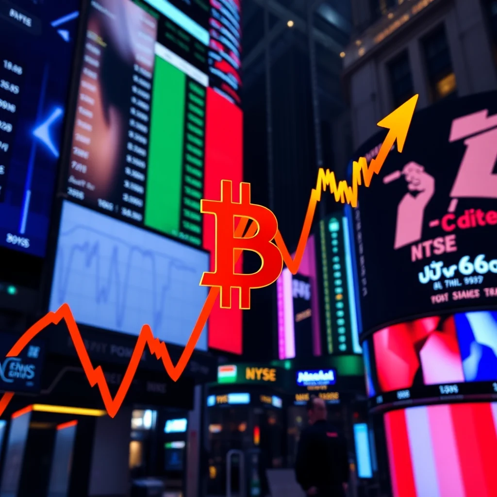 A large red Bitcoin symbol is overlaid on a stock market scene with various digital displays showing charts and financial information, with a bright orange upward trending line graph passing through the Bitcoin symbol.