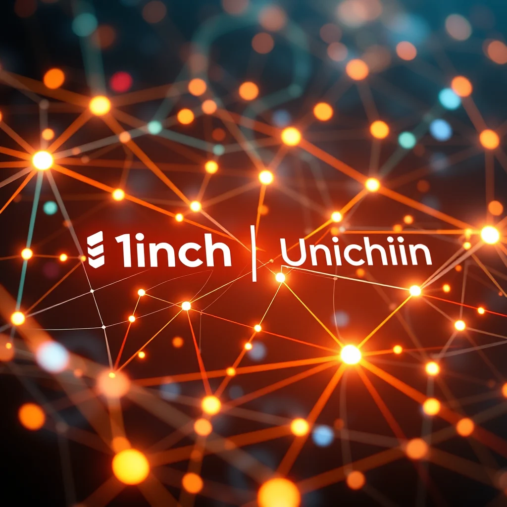 A white logo with stylized text reads "1inch | Uniichii". The logo is superimposed on a background of glowing orange and teal dots connected by thin lines, creating a network-like pattern.