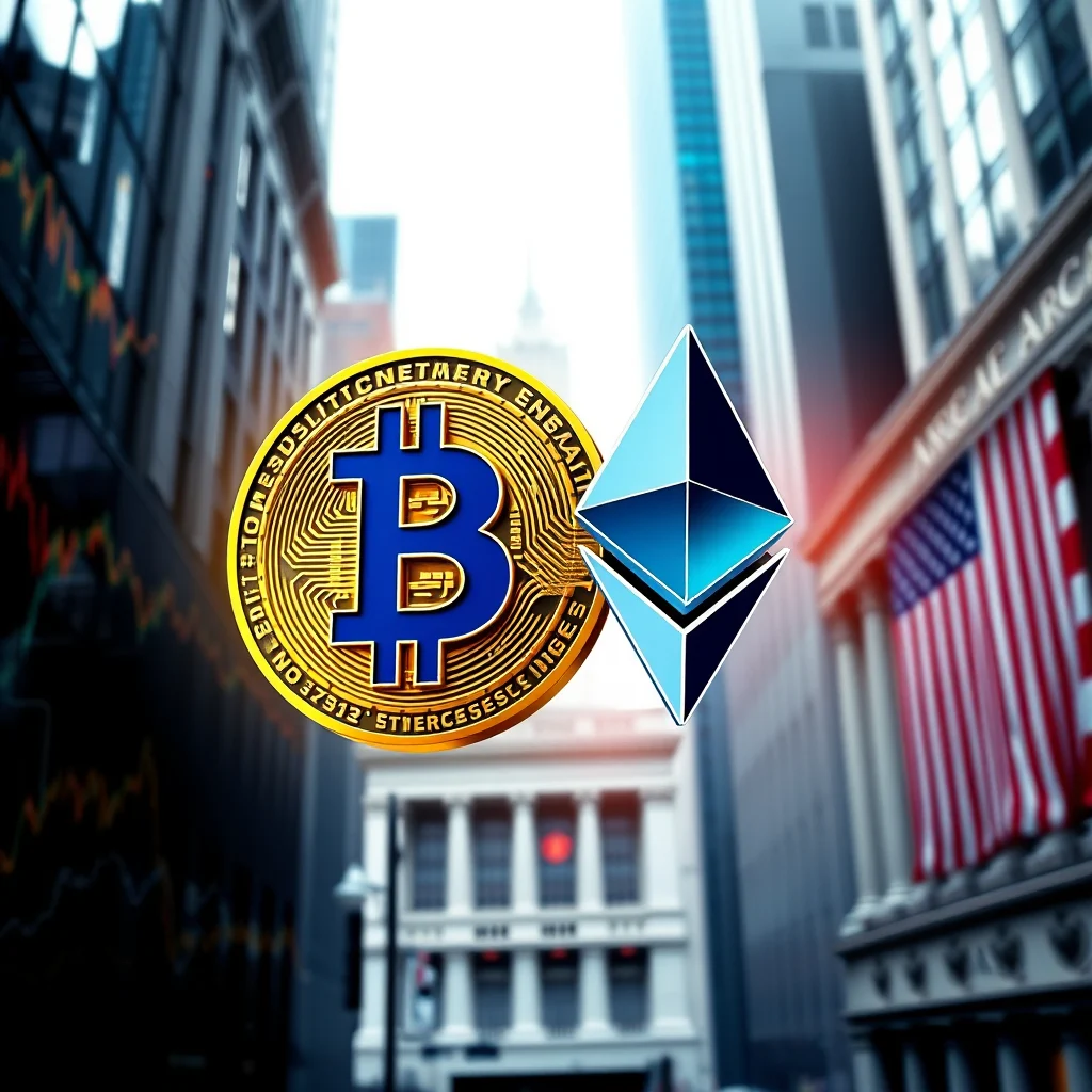 A 3D illustration of the Bitcoin and Ethereum cryptocurrency logos are prominently displayed in the center of the image, with the Bitcoin logo to the left and the Ethereum logo to the right. Behind them, blurred city buildings and an American flag create a backdrop suggestive of financial markets.