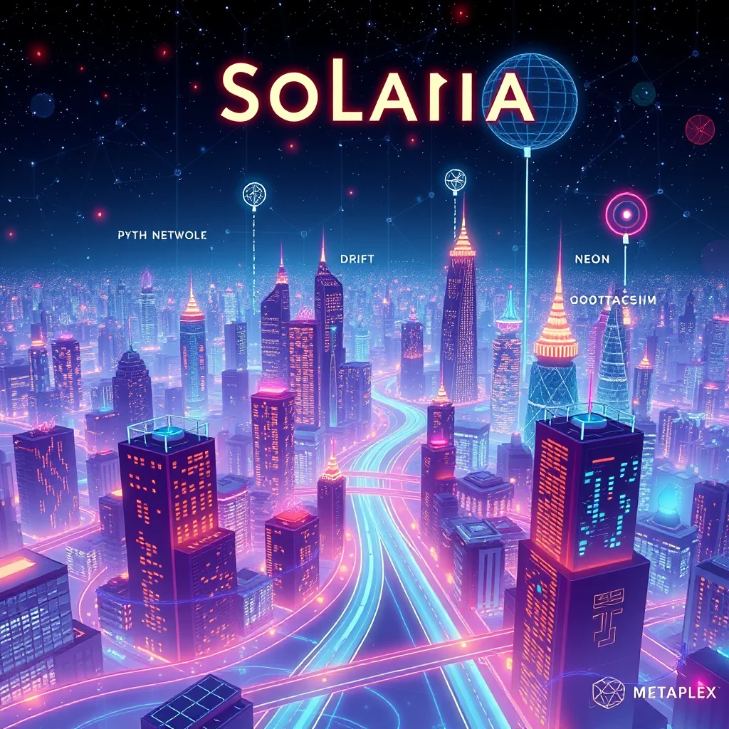 A futuristic, neon-lit cityscape at night with glowing lines representing data streams connecting various skyscrapers. The title "SOLARIA" is displayed prominently at the top in large, glowing yellow letters, with a wireframe globe above it. Smaller text labels like "PYTH NETWOLE," "DRIFT," "NEON," and "OOOTTACSHM" are scattered across the image, connected to different buildings by glowing lines. The overall aesthetic is cyberpunk and technological.