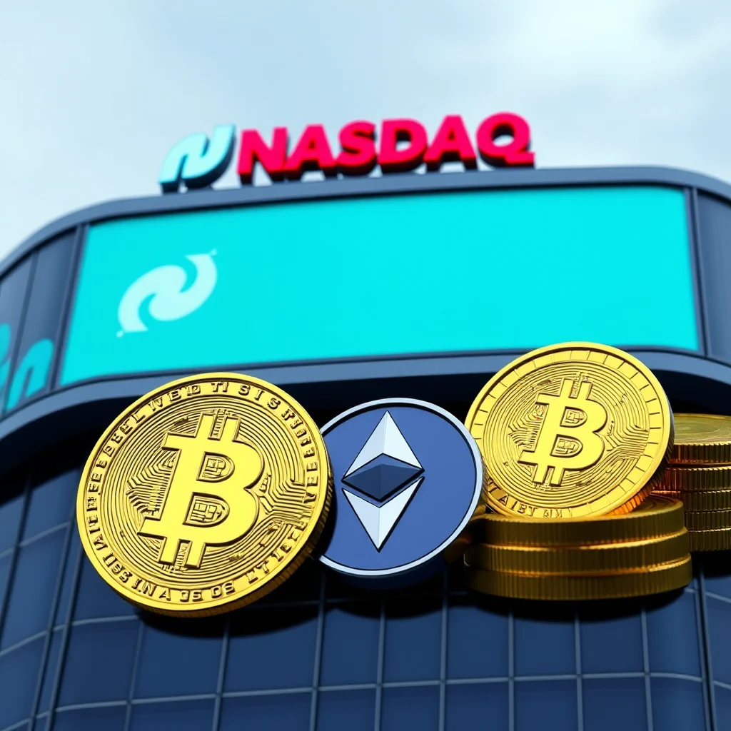 Three cryptocurrency coins, two Bitcoin and one Ethereum, are displayed in front of the Nasdaq building.