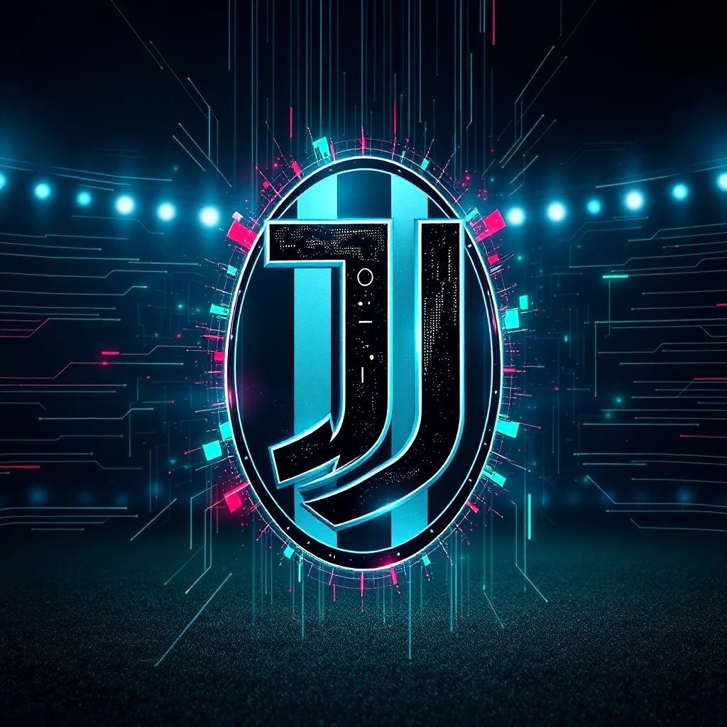 A futuristic, neon-lit logo with the letters "JJ" inside a circular frame, set against a dark background with digital circuit patterns and stadium lights.
