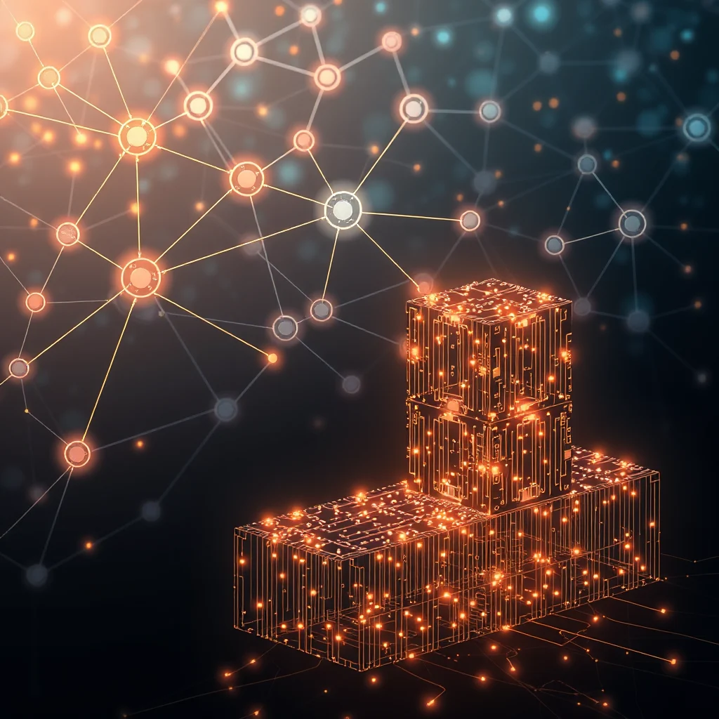 A network of glowing orange nodes and lines connects across a dark background, with a structure of three glowing orange cubes, resembling a stack or a circuit board, in the foreground.