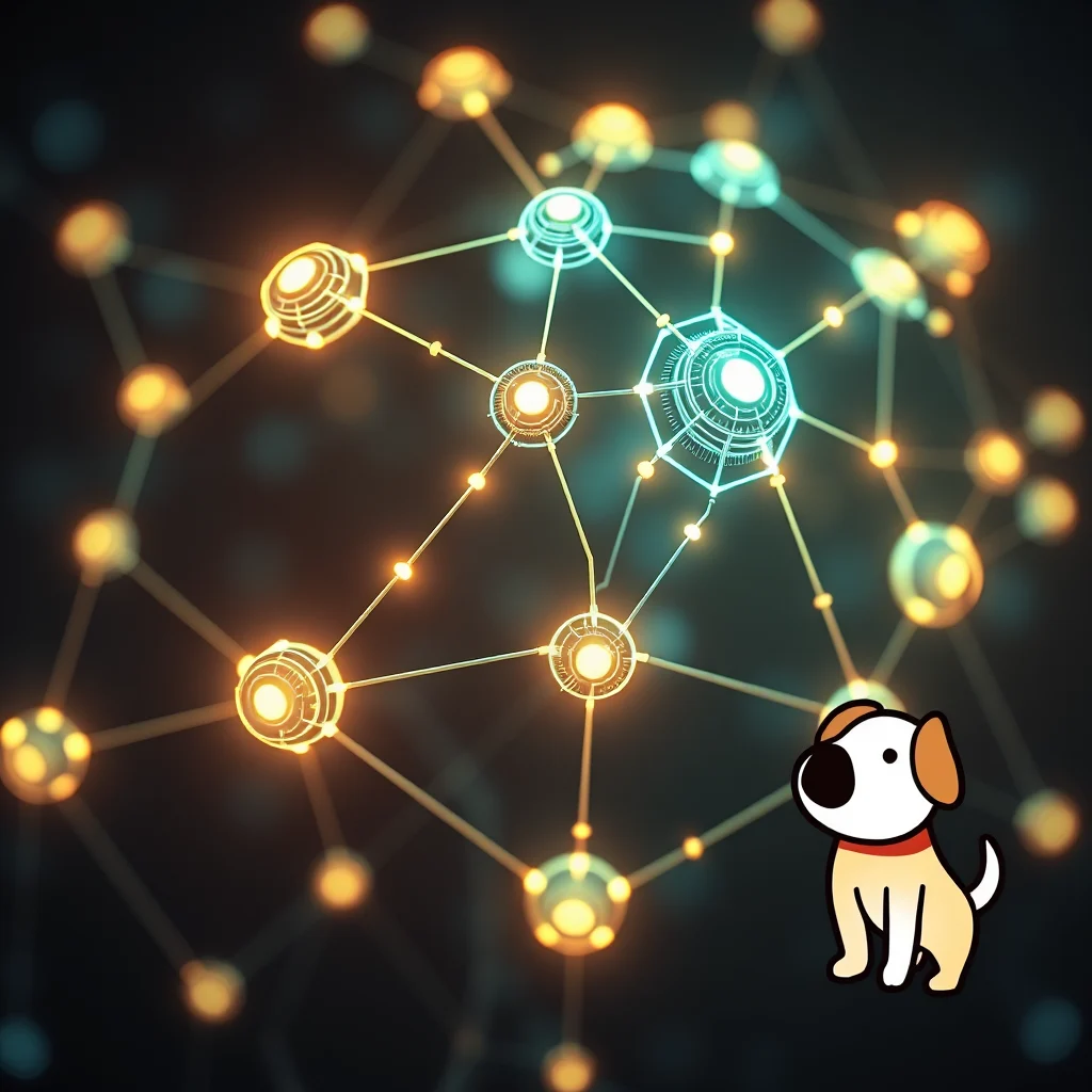 A cartoon dog with white fur, brown ears, and a red collar sits looking up at a glowing network of interconnected nodes and lines in shades of orange and teal against a dark background.