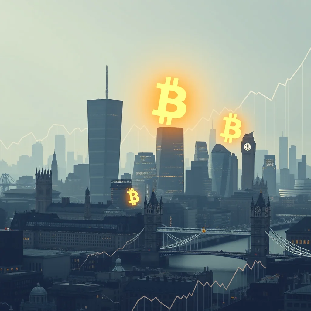 A cityscape of London with Bitcoin symbols glowing above the skyline, overlaid with a financial graph.