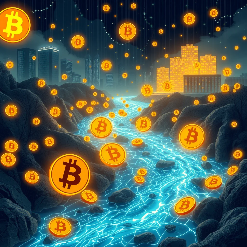 A river of glowing Bitcoin symbols flows through a rocky canyon towards a city skyline at night.