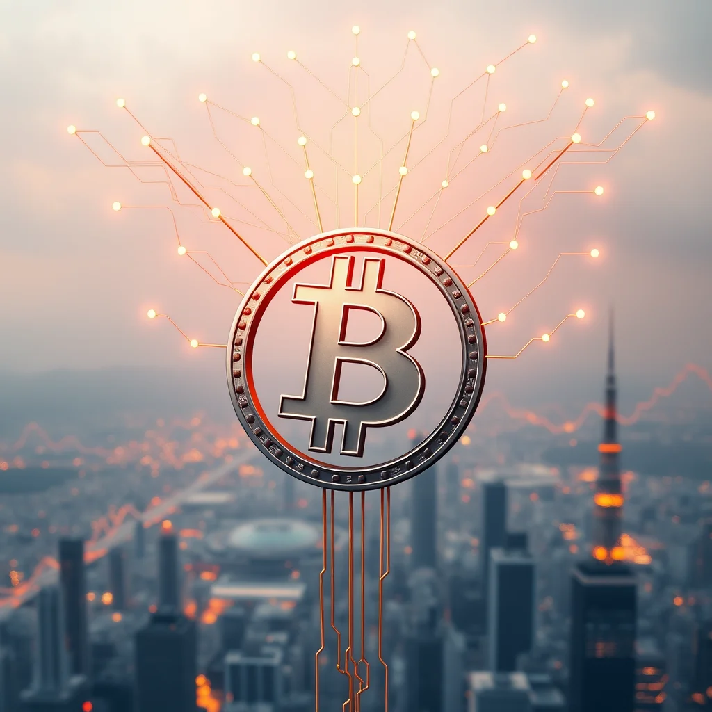 A 3D render of a Bitcoin symbol with circuit board patterns and illuminated nodes against a blurred city skyline.