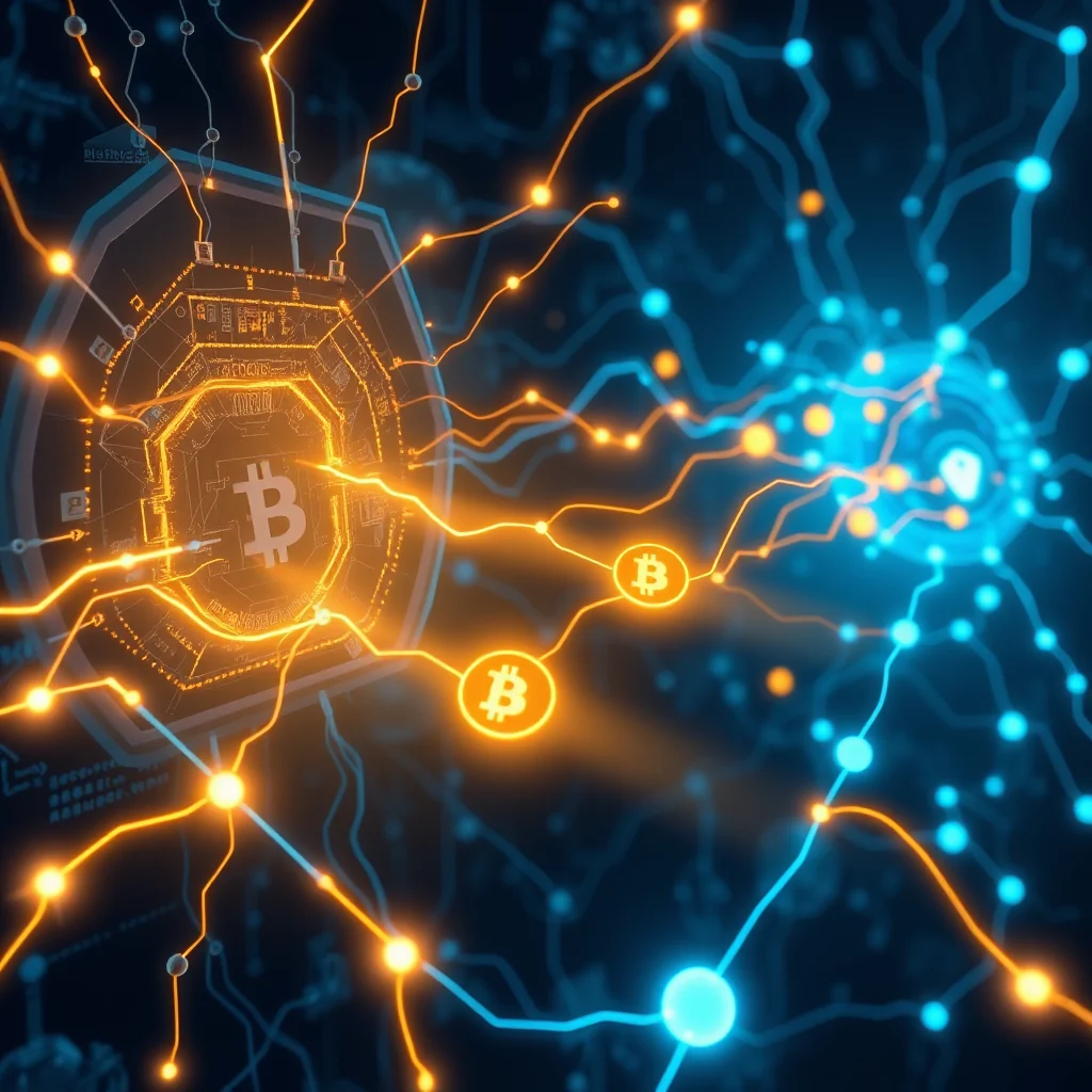 A digital illustration depicts a central, glowing Bitcoin symbol within a complex, octagonal network of orange and blue illuminated circuits and nodes against a dark background.
