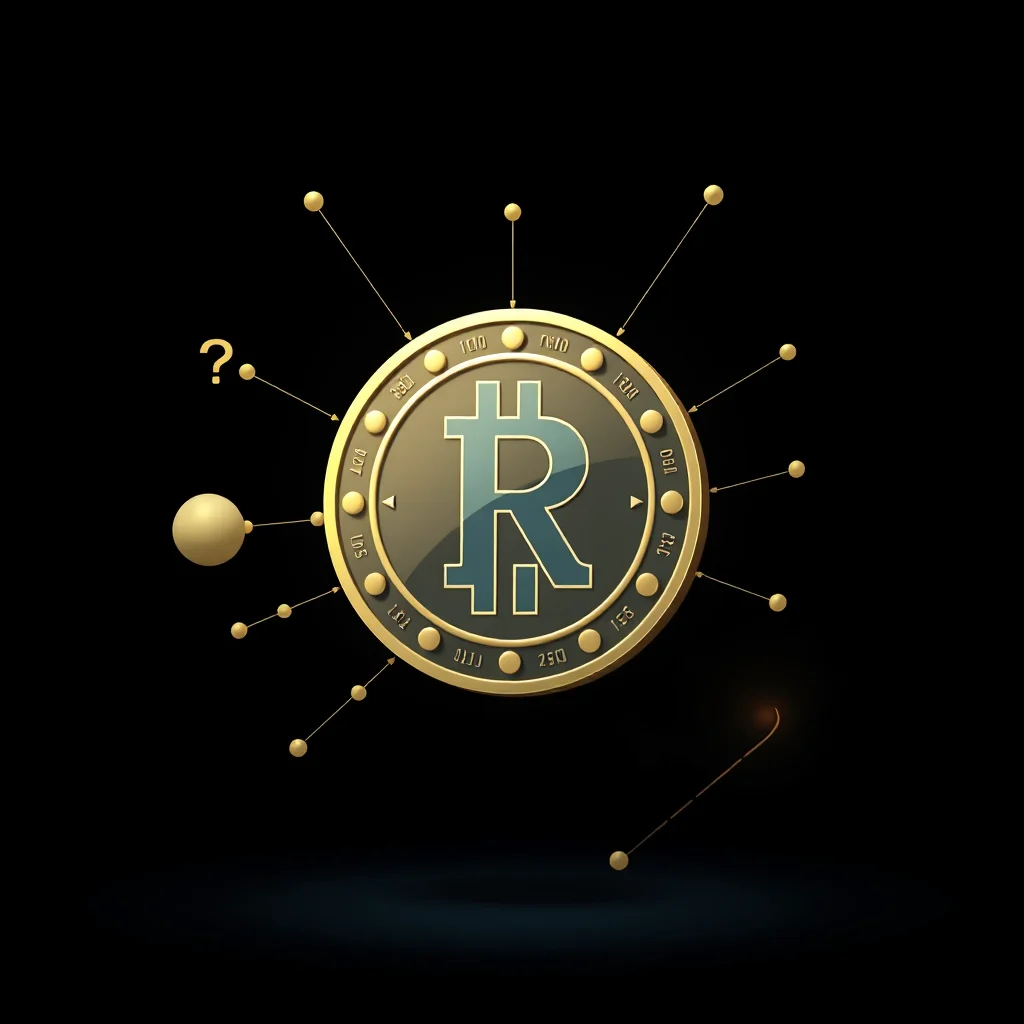 A golden bitcoin with a teal "R" symbol in the center, surrounded by small gold spheres connected by thin lines. There's a question mark and a lit fuse on the left and right respectively.