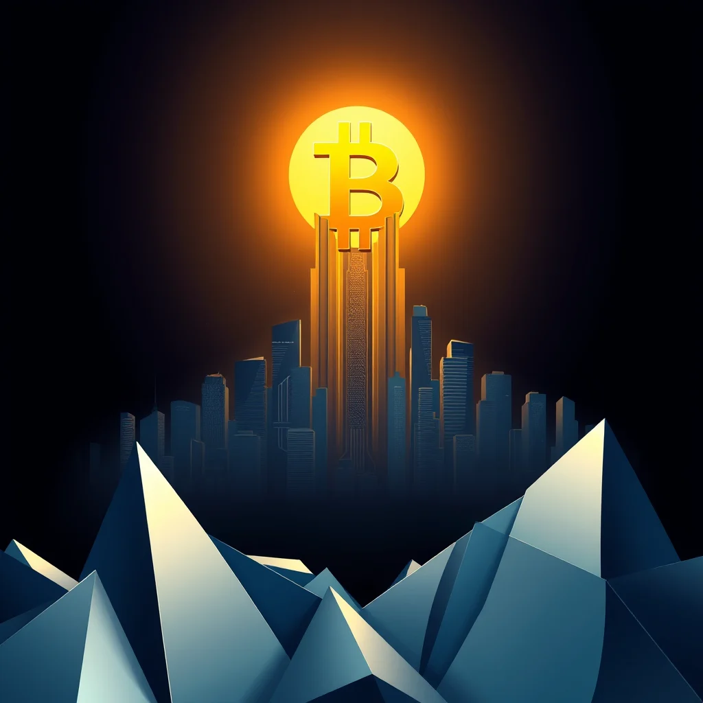 A golden Bitcoin symbol rises above a stylized cityscape, bathed in the warm glow of a setting sun against a dark background, with sharp, abstract mountain-like shapes in the foreground.