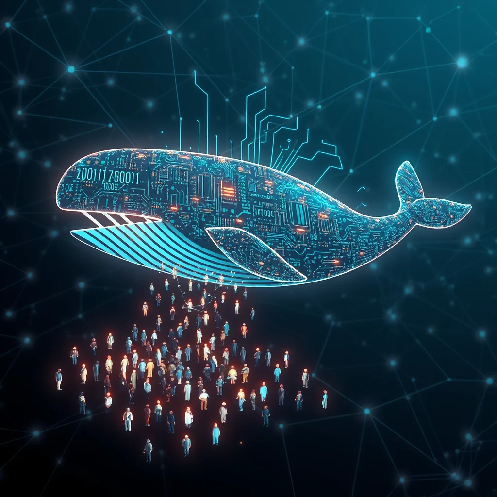A stylized digital whale made of circuit boards and glowing blue lines swims above a crowd of small, indistinct figures.