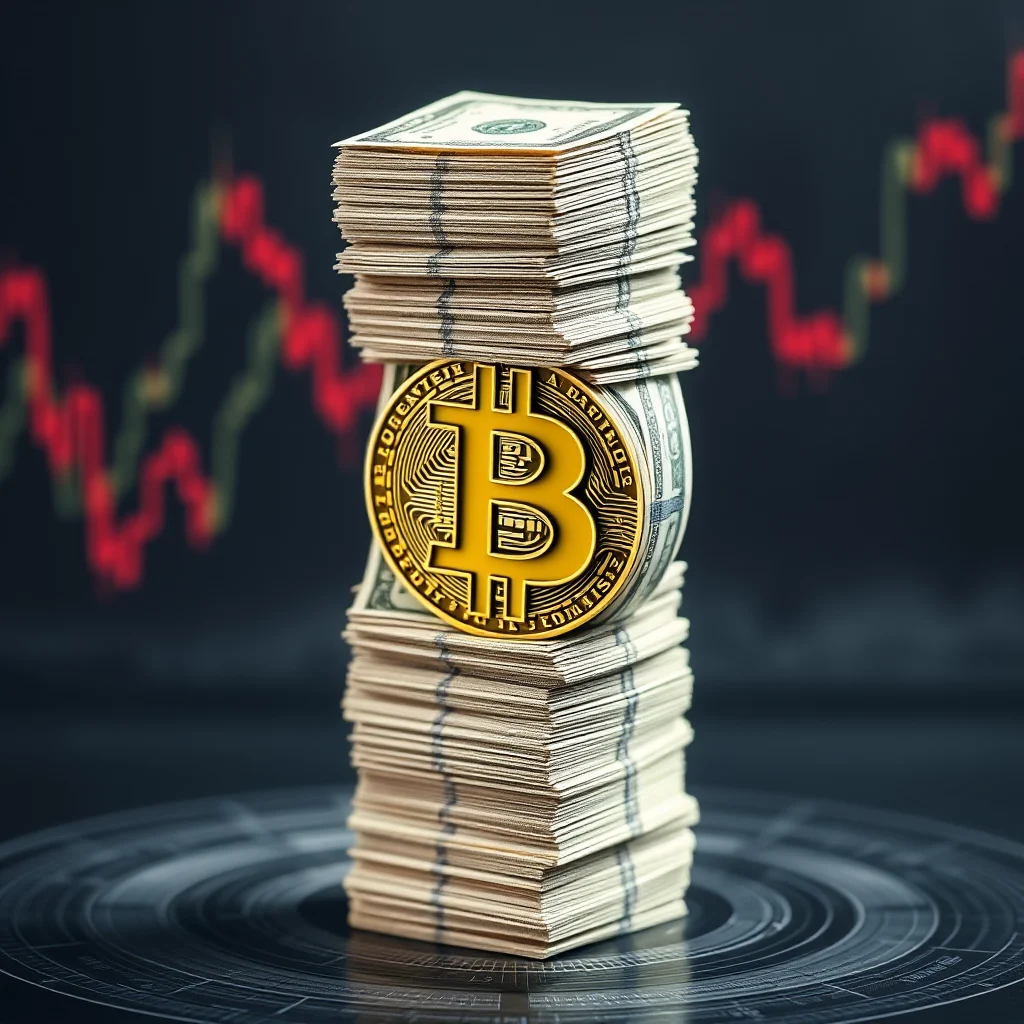 A stack of US dollar bills with a golden Bitcoin coin placed in the middle, set against a blurred background of a red financial chart.