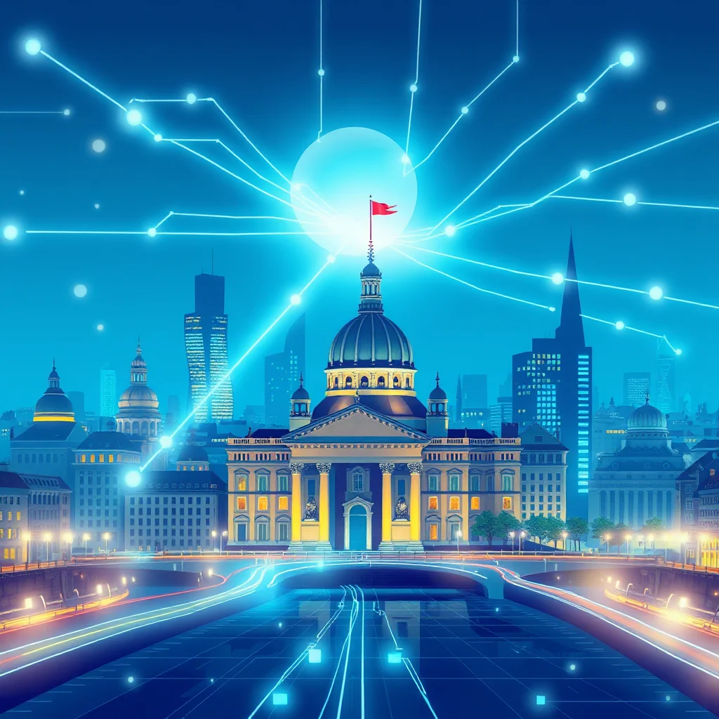 Digital network overlaying a cityscape at night with a large glowing orb and a red flag on a dome.