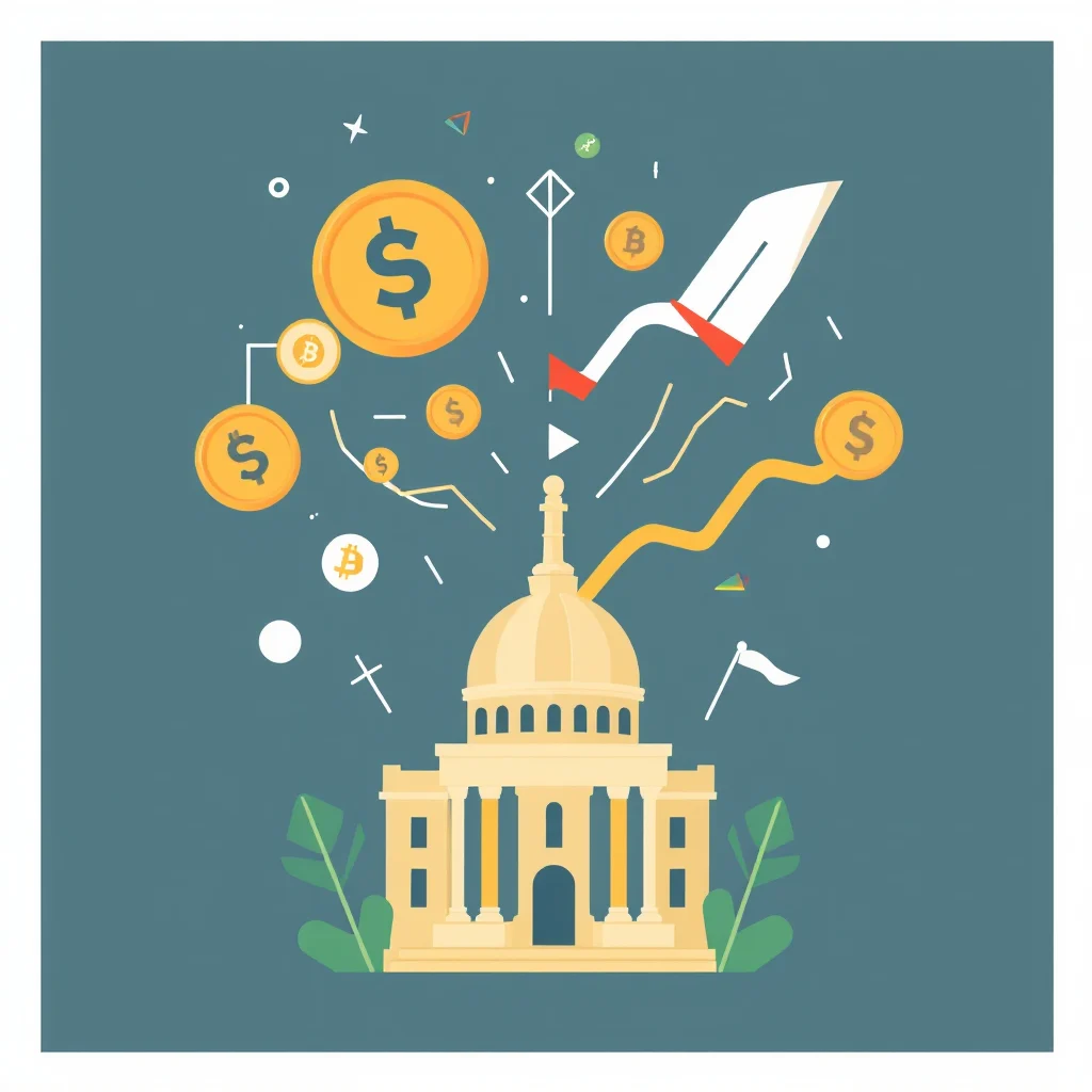 Illustration of the U.S. Capitol Building with stylized dollar and bitcoin symbols rising above it, accompanied by a rocket and ascending graph lines, symbolizing financial growth and cryptocurrency.