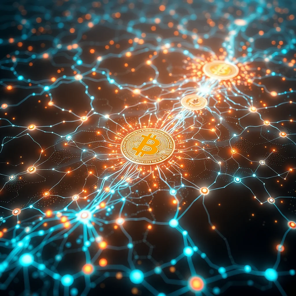 A close-up, stylized digital illustration of a network of glowing blue and orange nodes and lines, with three golden Bitcoin coins at the center of three distinct clusters.