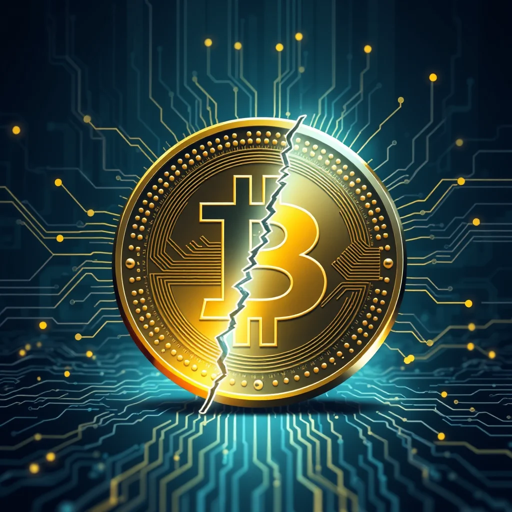 A digital illustration of a cracked golden Bitcoin coin against a dark blue background with glowing circuit board patterns.