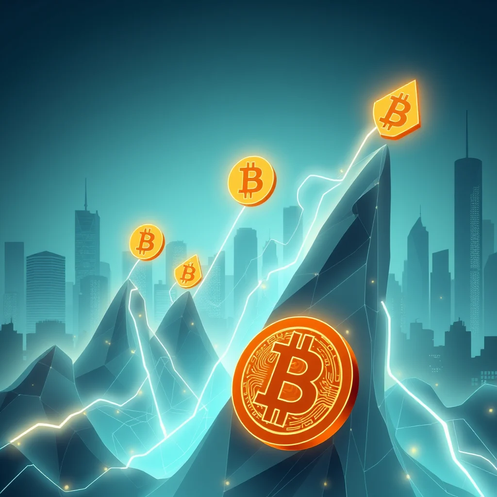 An abstract digital illustration depicting the rise of Bitcoin against a city skyline at dusk. Several golden Bitcoin symbols, glowing brightly, ascend jagged, crystalline mountain peaks. These peaks are outlined with electric blue light, suggesting a vibrant and energetic market. A prominent, large Bitcoin coin with intricate circuitry detail sits at the forefront, anchored to the largest mountain. The background features a silhouetted cityscape, bathed in a cool, teal hue, with a few lights twinkling in the distance. A bright white line, representing a financial graph, weaves through the scene, connecting the Bitcoin symbols and emphasizing upward momentum.