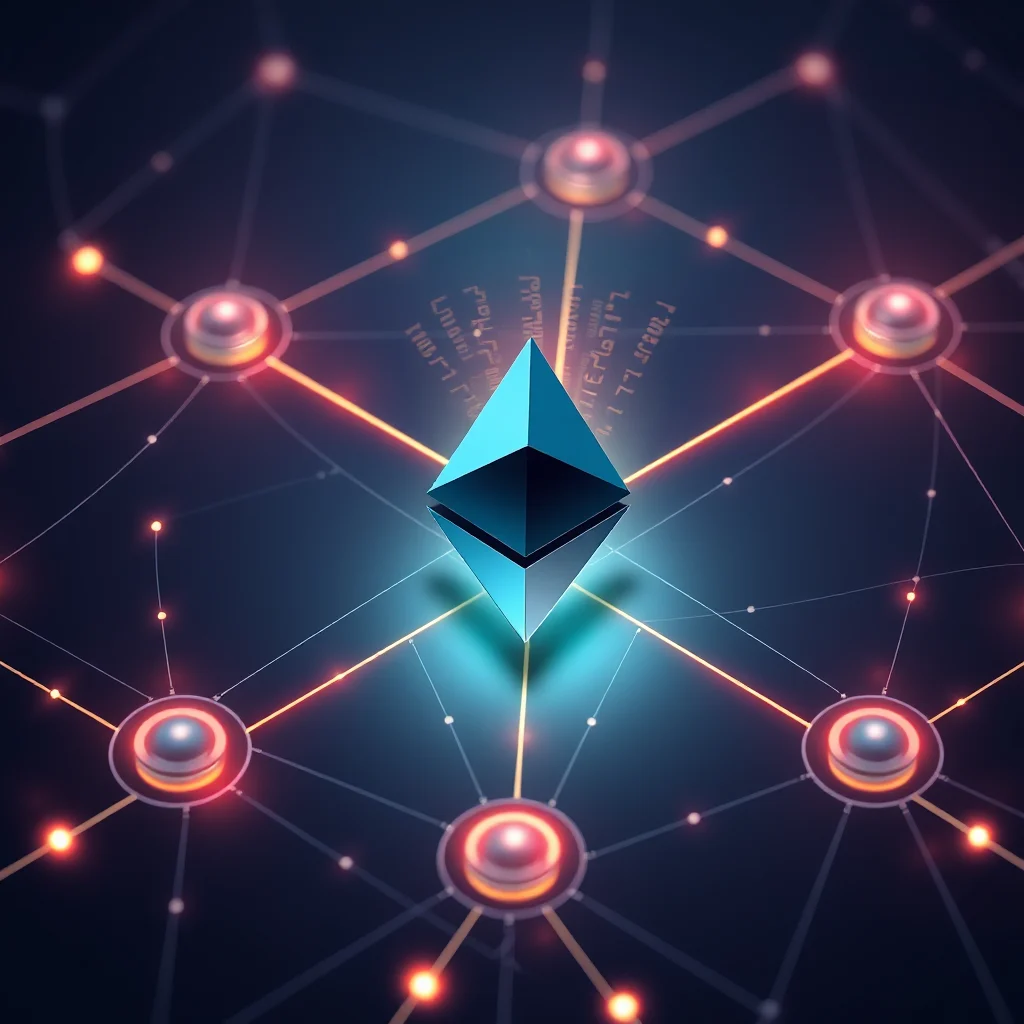 A blue Ethereum logo is at the center of a digital network with glowing orange lines and nodes.