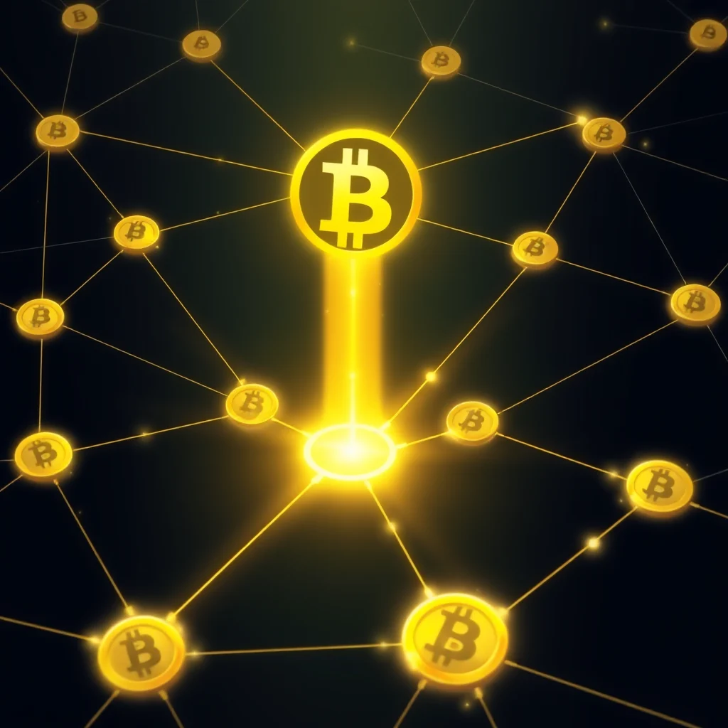 A network of golden Bitcoin symbols connected by glowing yellow lines on a dark background.