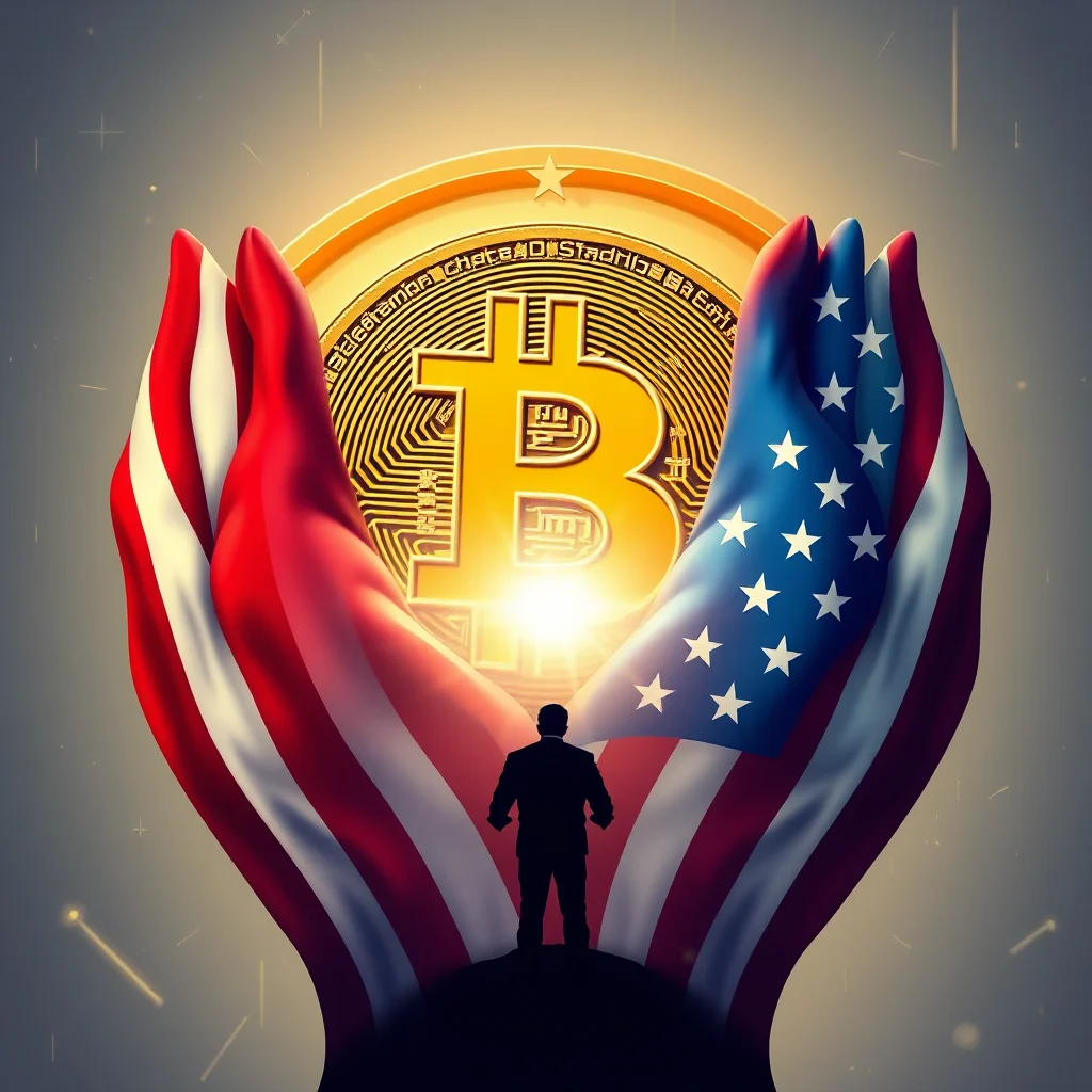 A man in a suit stands silhouetted against a large, golden Bitcoin symbol, which is partially obscured by two hands draped in the American flag.