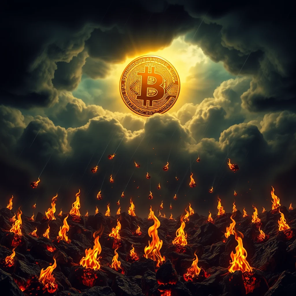 A large golden Bitcoin coin shines brightly in the sky, illuminated by the sun peeking through dark, dramatic clouds. Below, a landscape of dark, rocky terrain is engulfed in flames, with numerous small fiery objects raining down from the sky towards the burning ground.
