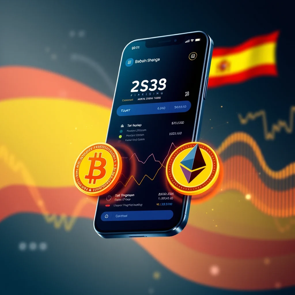 A smartphone displays a cryptocurrency trading app with a Spanish flag blurred in the background. The screen shows stock charts, prices, and cryptocurrencies like Bitcoin and Ethereum.