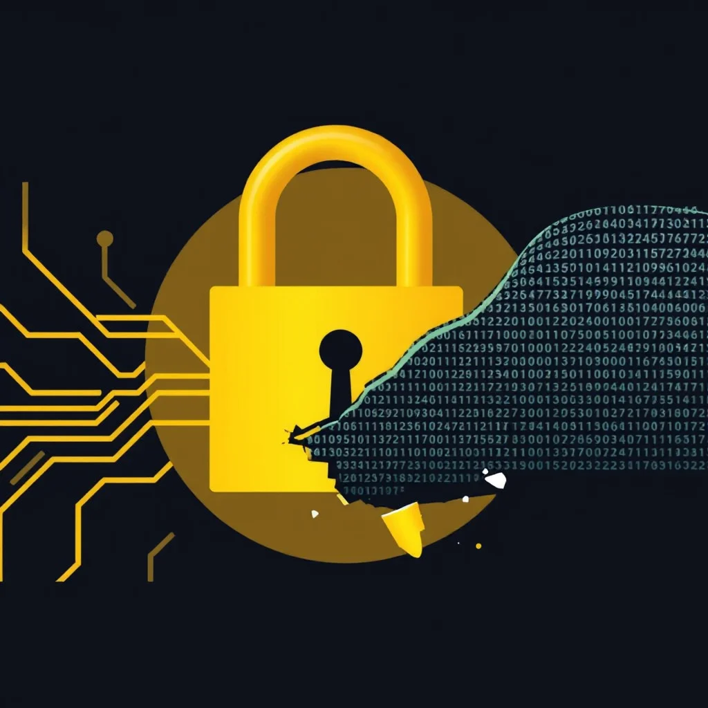 A yellow padlock on a dark background, cracked open with lines of code streaming out of it.