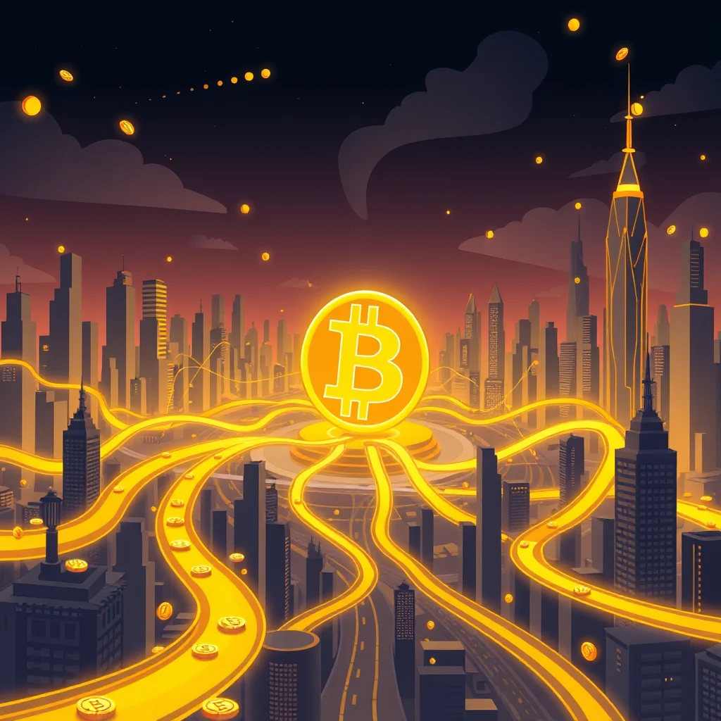 An artistic depiction of a glowing Bitcoin symbol at the center of a stylized cityscape. Bright golden lines, resembling pathways or data streams, flow out from the Bitcoin symbol and weave through the dark, silhouetted buildings, with smaller golden circles scattered throughout the scene, resembling coins or digital currency.