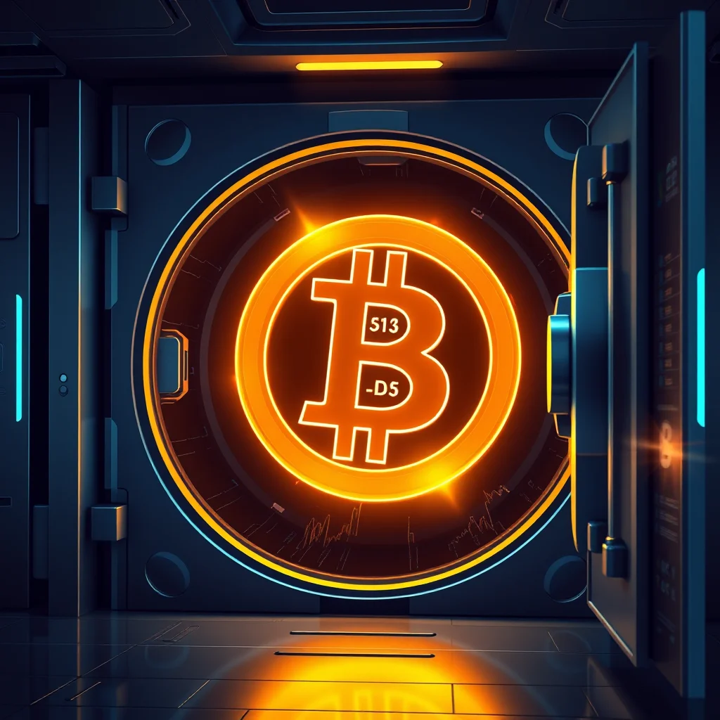 A glowing orange Bitcoin symbol is displayed within a circular opening of a futuristic safe. The symbol features the characteristic "B" with two vertical lines, and within the circle of the "B" are the characters "513" and "-D5". The safe is dark blue with metallic accents and has its door partially open on the right side. The background suggests a high-tech, possibly industrial environment with subtle glowing lines and a reflective floor.