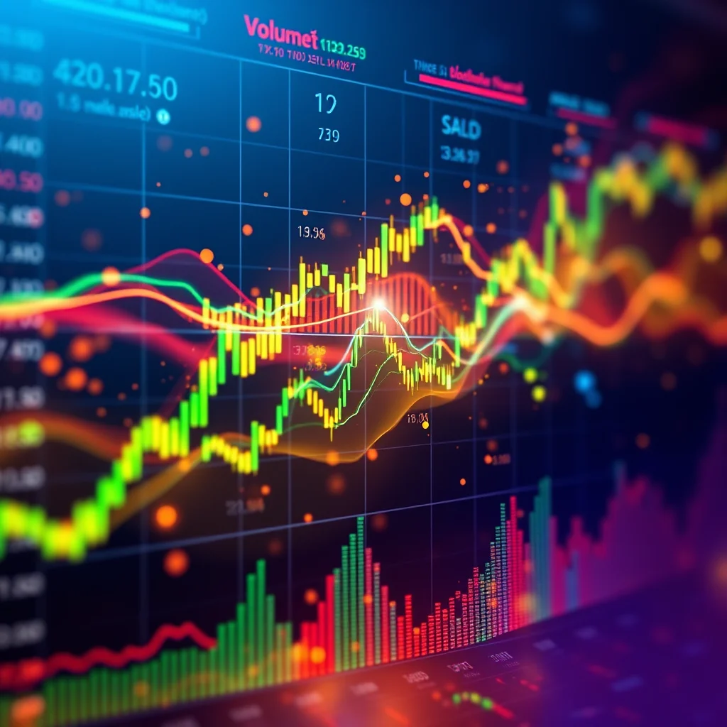 A financial stock market chart displays a candlestick chart with multiple moving average lines in vibrant green, yellow, and red. The background features a dark blue grid with orange dots, creating a digital aesthetic. Text labels indicating stock prices and other financial data are visible on the screen.