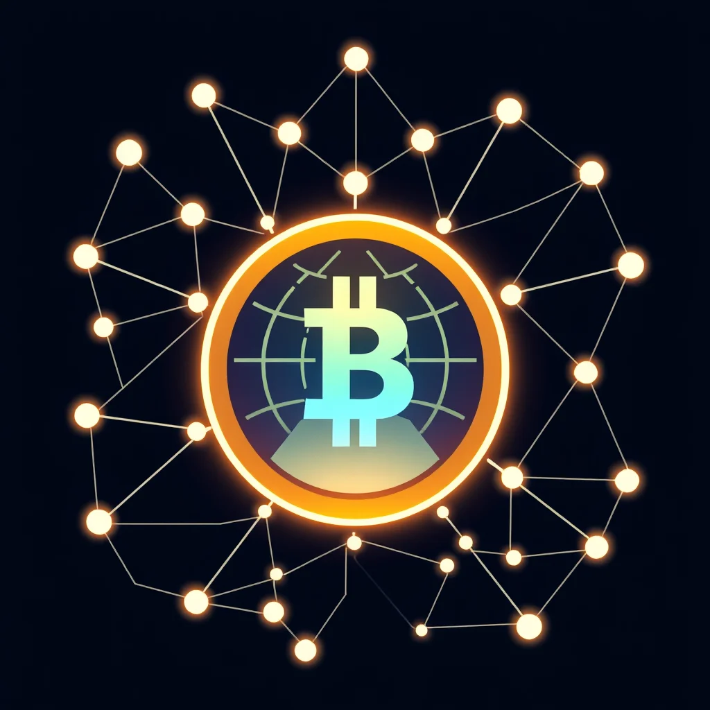 A digital illustration of a Bitcoin logo, glowing with an orange outline, is surrounded by a network of interconnected nodes and lines, all against a dark background.