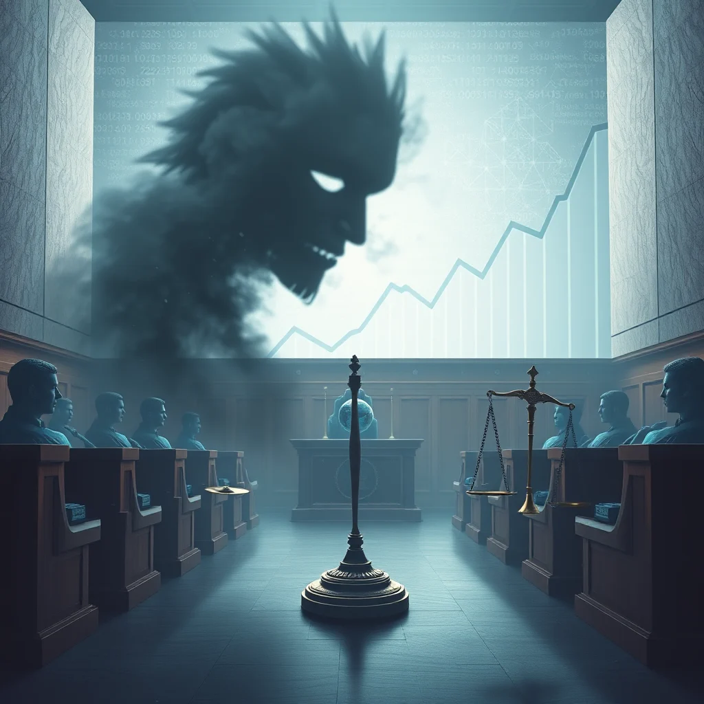 A dark, shadowy figure with glowing eyes and sharp teeth is projected onto a large screen in a dimly lit courtroom. The figure is superimposed over a rising line graph, suggesting a connection to finance or business. In the foreground, several jurors sit in pews, facing the screen. A judge's bench is visible in the background, complete with a gavel and scales of justice. The overall mood is ominous and foreboding.
