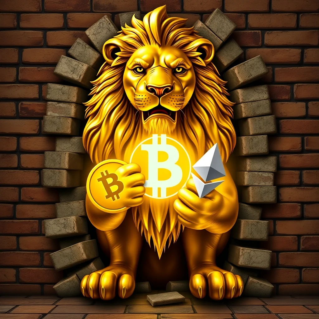 A golden lion statue is depicted breaking through a brick wall, holding a Bitcoin symbol in one paw and an Ethereum symbol in the other.