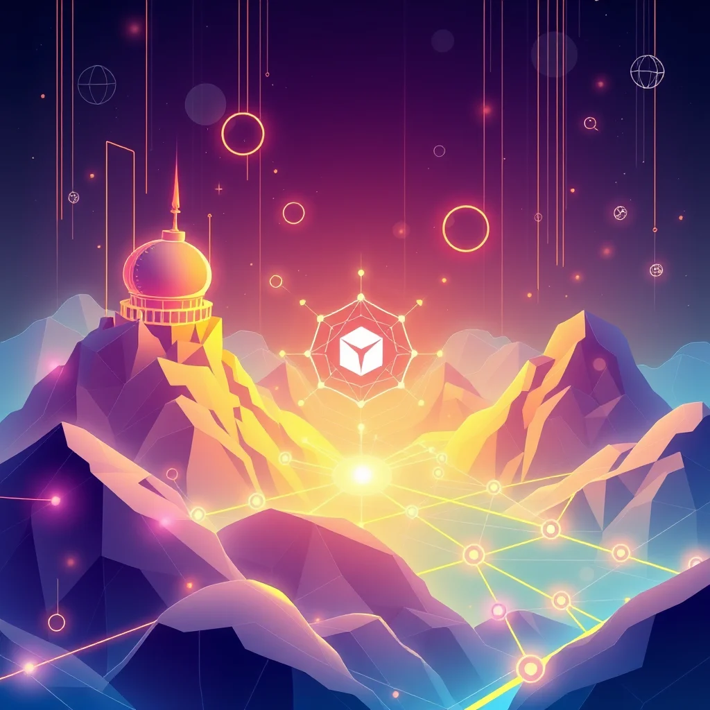 A stylized, low-poly mountain landscape under a gradient sky of deep purple, pink, and orange. A shining, multifaceted white cube is centered in a glowing network of interconnected lines and nodes, appearing to float above the mountains. To the left, a golden dome with a spire sits atop a prominent peak. The scene is illuminated by bright, glowing light emanating from the center, casting warm yellow and orange hues onto the angular mountain faces. Numerous glowing circles and lines are scattered throughout the sky, suggesting a digital or technological theme.