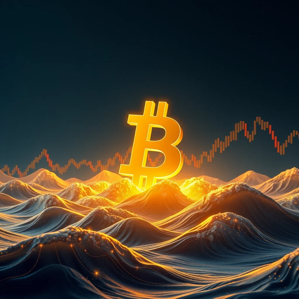 A large, glowing golden Bitcoin symbol rises from dark, wavy, abstract terrain resembling a choppy sea. In the background, a red and orange candlestick chart shows fluctuating market trends against a dark teal sky.