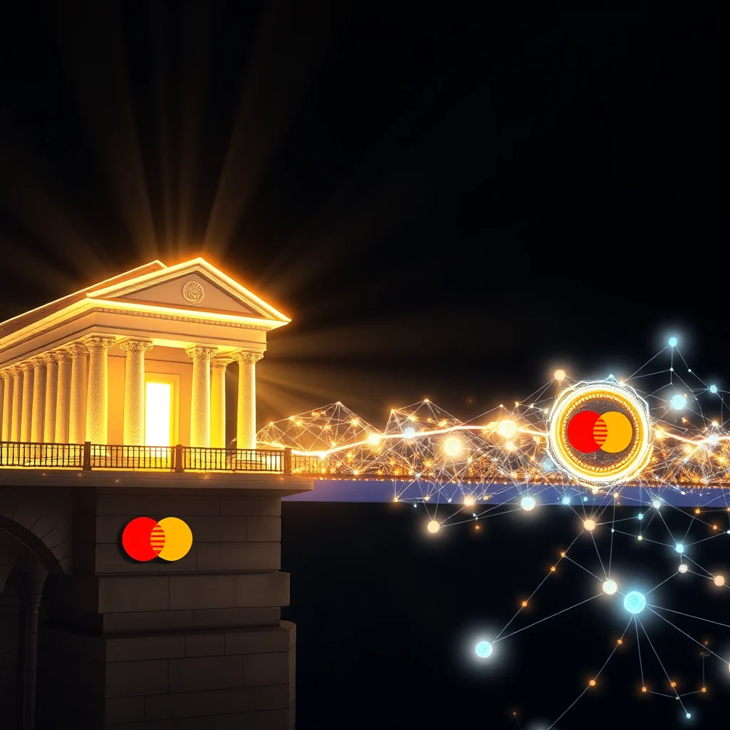 A golden, classical-style building with columns and a glowing entrance, sits on a stone structure to the left. A Mastercard logo is visible on the side of the stone structure. A network of glowing lines and nodes connects the building to a circular emblem containing a Mastercard logo on the right side of the image. The background is dark.