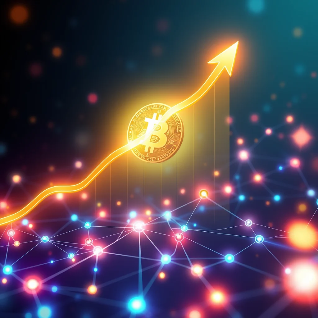 A glowing Bitcoin coin is positioned on a rising graph, with an upward-pointing arrow emerging from it. The background is dark and blurred, with colorful bokeh lights scattered throughout, and a network of interconnected nodes in the foreground.