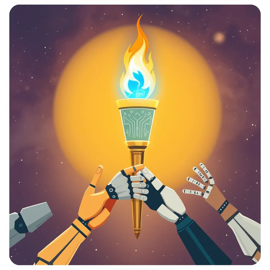 Robotic hands passing a glowing torch with a blue flame against a starry background with a large, bright yellow sun or moon.