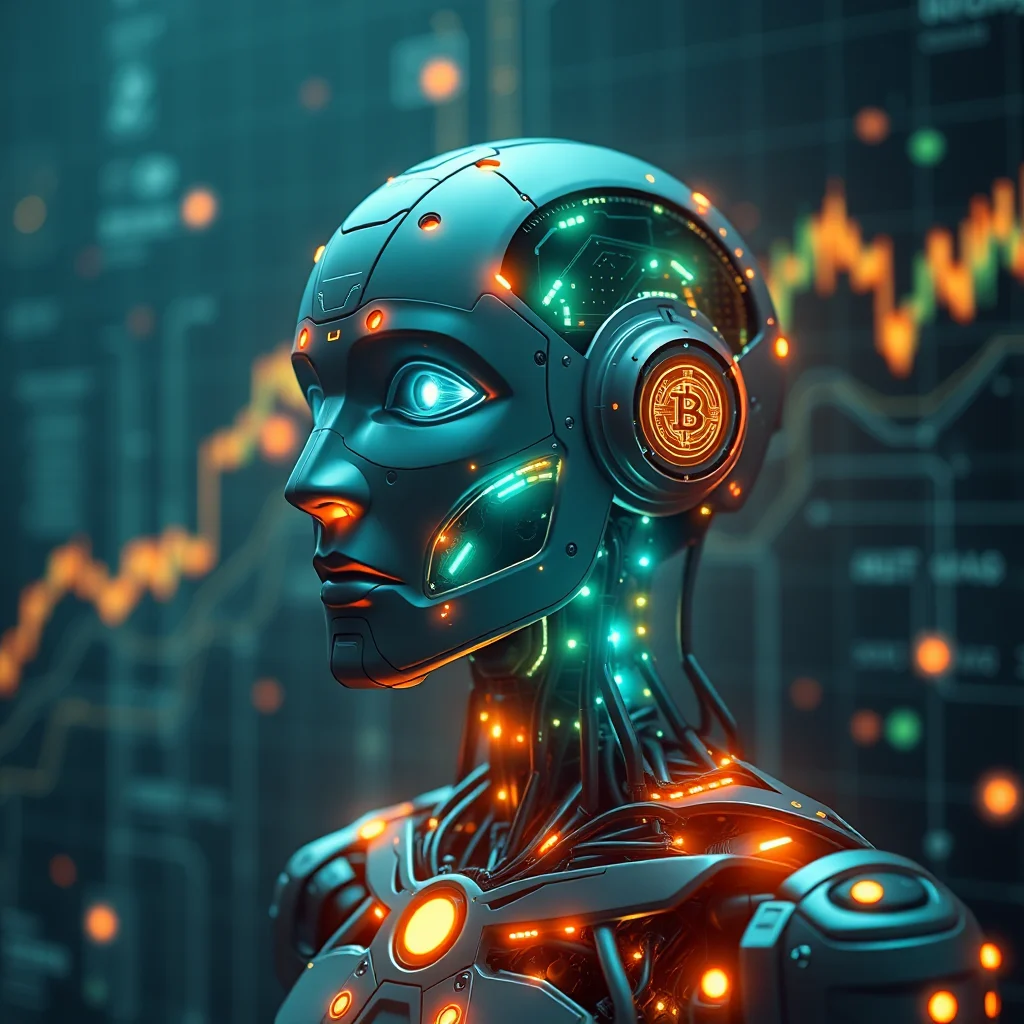 A close-up of a sophisticated, dark-grey robot's head and shoulders, with glowing blue eyes and intricate internal circuitry visible through openings in its head. It wears a circular, orange and gold headset with a Bitcoin symbol on it. The robot is illuminated by vibrant green and orange lights embedded in its body and neck, against a blurred background of financial charts and graphs.