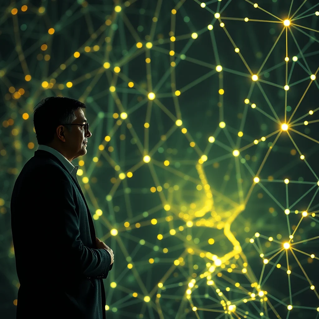 An elderly Asian man in a dark suit and glasses stands in silhouette, looking at a complex network of glowing yellow nodes and lines against a dark green background.