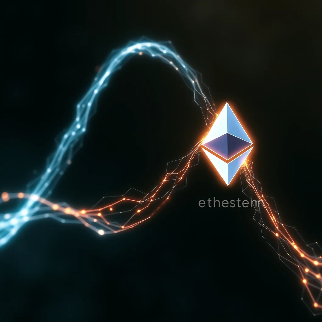 An Ethereum logo is shown in the center of the image. A blue, glowing, abstract digital network curves from the left towards the logo, and an orange, glowing, abstract digital network curves from the right towards the logo. The text "ethestenn" is visible in white, to the right of the logo.