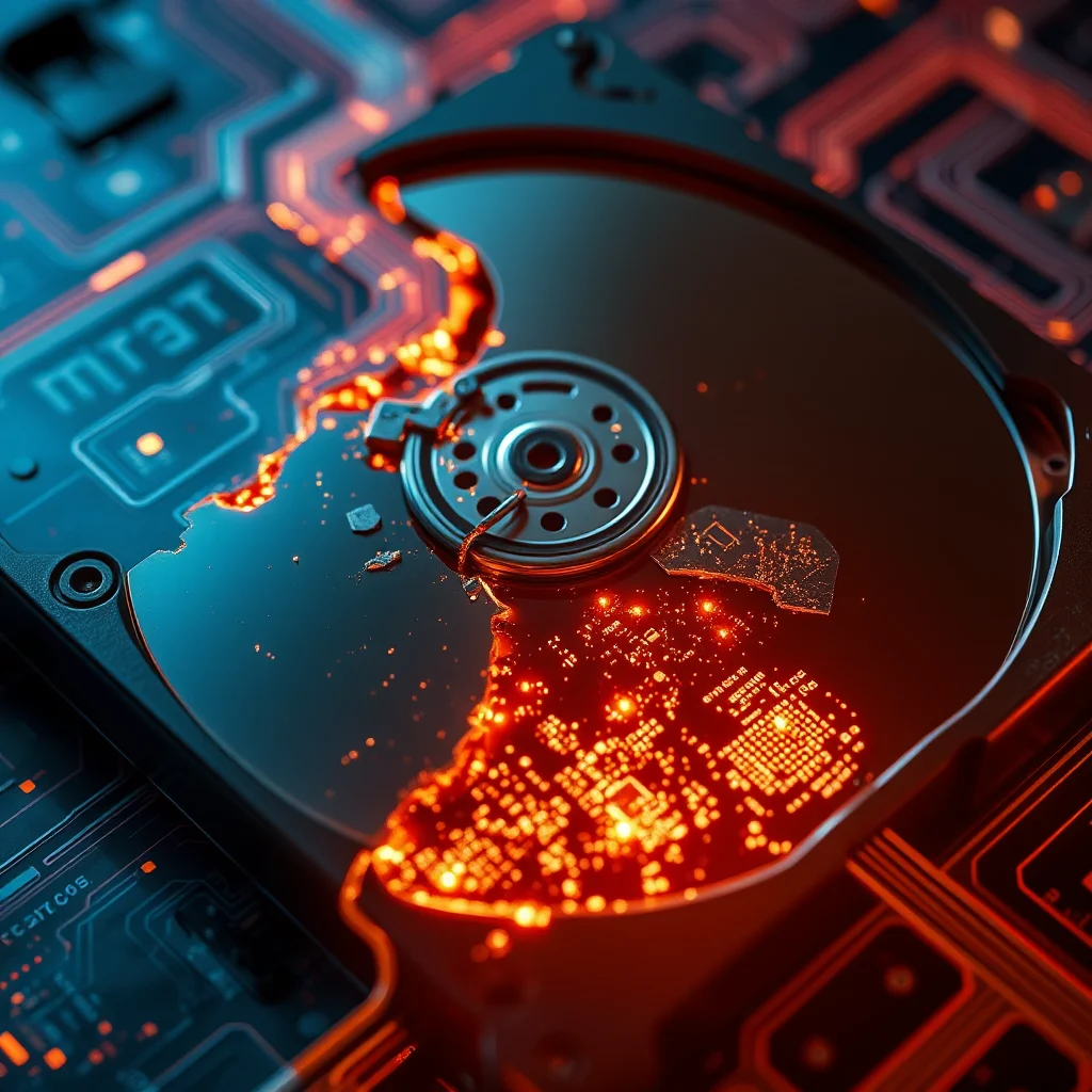 A close-up, high-angle shot of a disassembled hard drive with the magnetic platter exposed, revealing glowing orange circuitry beneath its cracked surface, set against a backdrop of illuminated circuit board traces in vibrant blue and orange hues.