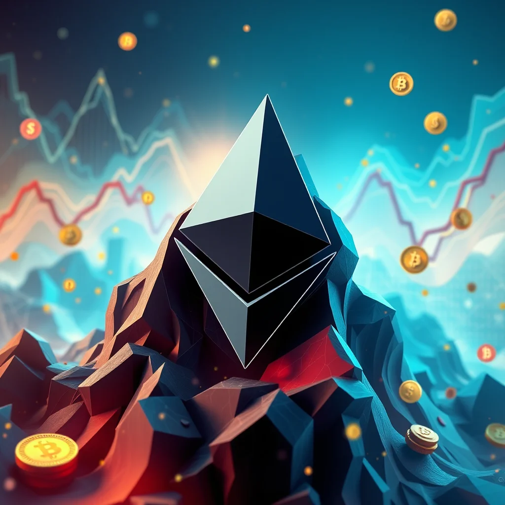 A 3D illustration of the Ethereum logo resting on a jagged, crystalline mountain range, with a backdrop of abstract financial charts and floating Bitcoin symbols against a gradient blue and yellow sky.
