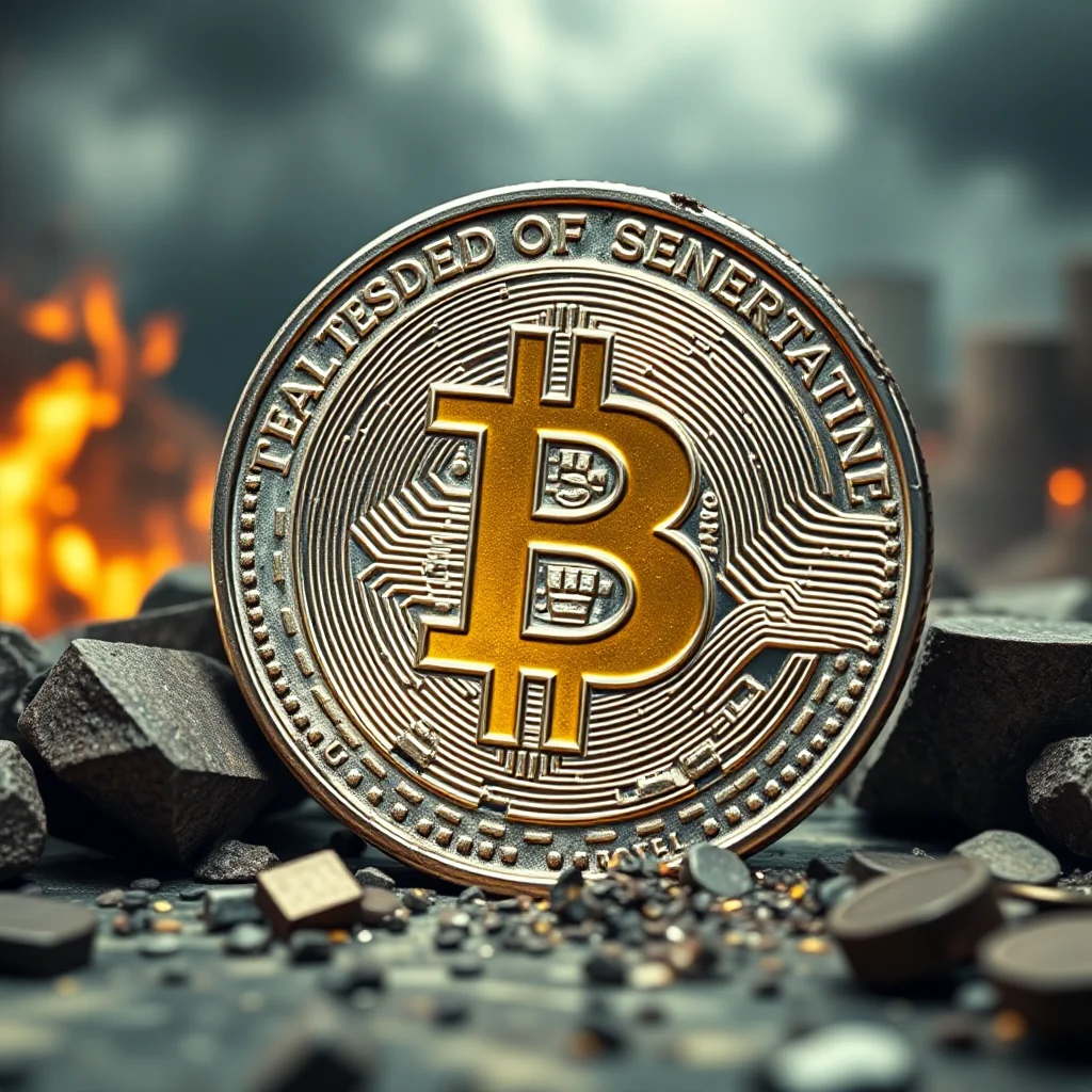 A close-up, low-angle shot of a gold and silver Bitcoin coin, resting on a rocky surface with a background of fiery orange flames and dark, industrial buildings.