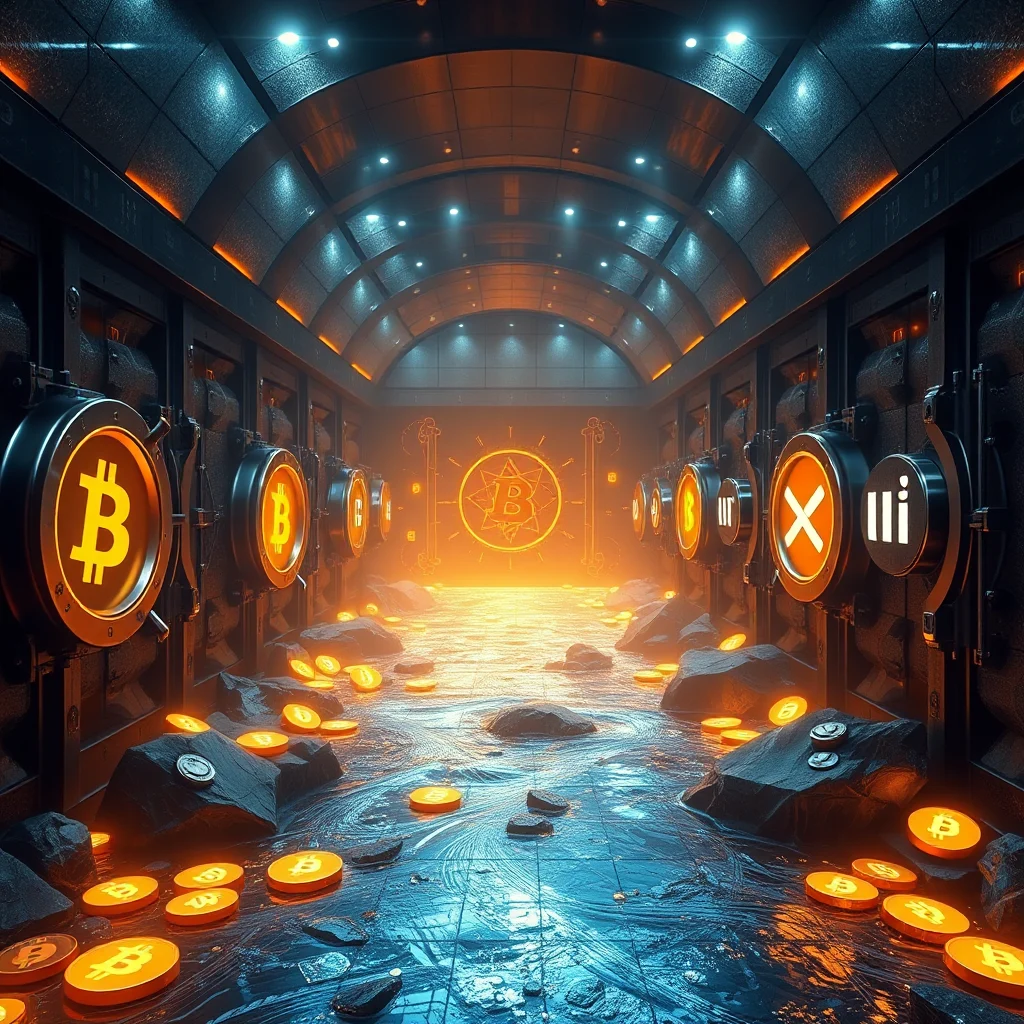 A long, arched corridor with glowing Bitcoin symbols on circular vault doors lining both sides. The floor is a shimmering, reflective surface with water, rocks, and scattered gold Bitcoin coins. In the distance, a large, glowing Bitcoin symbol illuminates the end of the hallway.