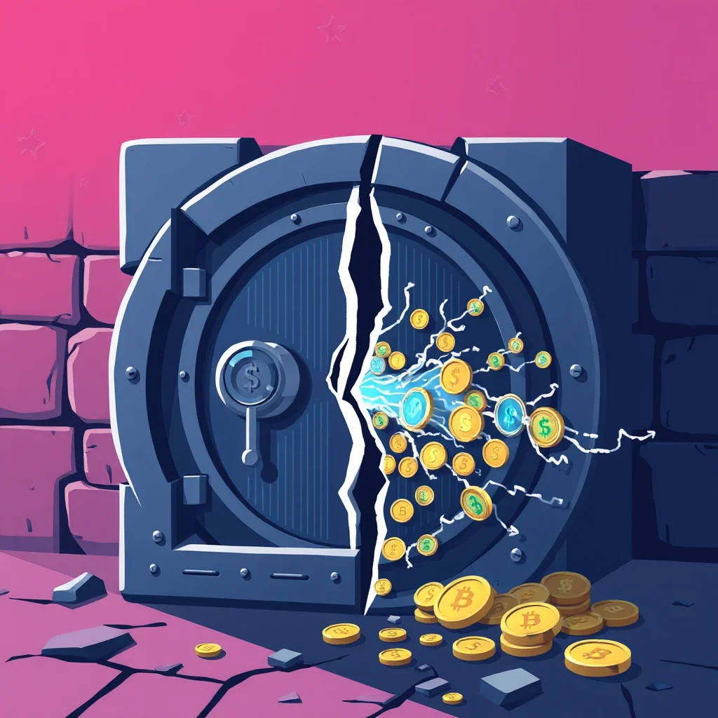 A stylized illustration depicts a large, round, dark blue safe with a significant crack down the center. Through this crack, a stream of digital currency, represented by glowing blue energy, is erupting. Coins, some with dollar signs and some with Bitcoin symbols, are being propelled outwards from the safe by this energy. More coins are scattered on the cracked, purple floor in front of the safe. The background is a vibrant pink, with faint, stylized stars scattered across it. To the left and right of the safe are rough, brick-like textures in shades of pink and dark blue.