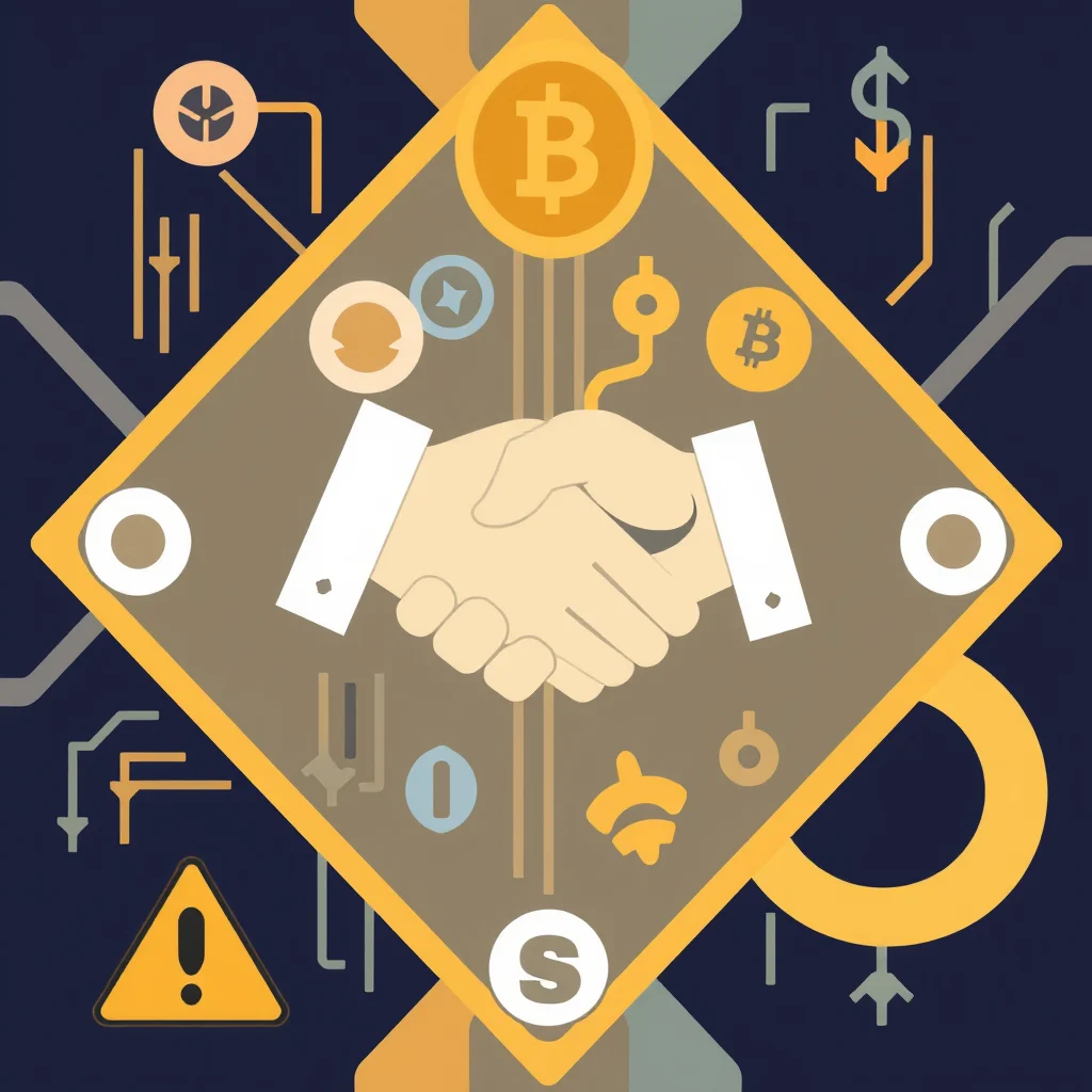 An abstract illustration depicting a handshake between two people inside a diamond shape, symbolizing a deal or agreement. The background is dark blue with abstract geometric shapes and symbols, including Bitcoin logos, a dollar sign, a warning sign, and various circuitry elements, suggesting a connection to cryptocurrency and financial technology.