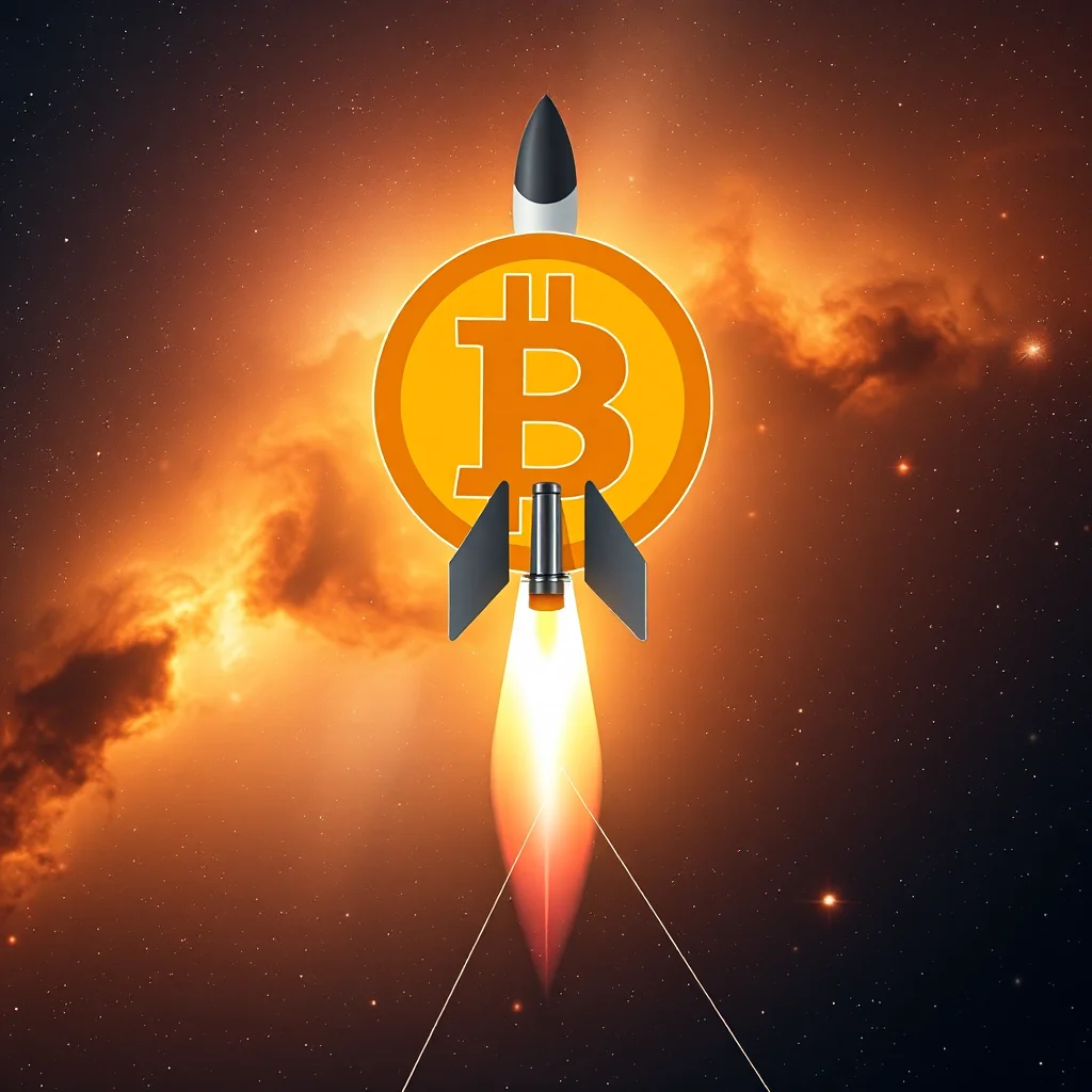 A rocket shaped like a Bitcoin logo is launching into space, with flames erupting from its base and a nebula in the background.